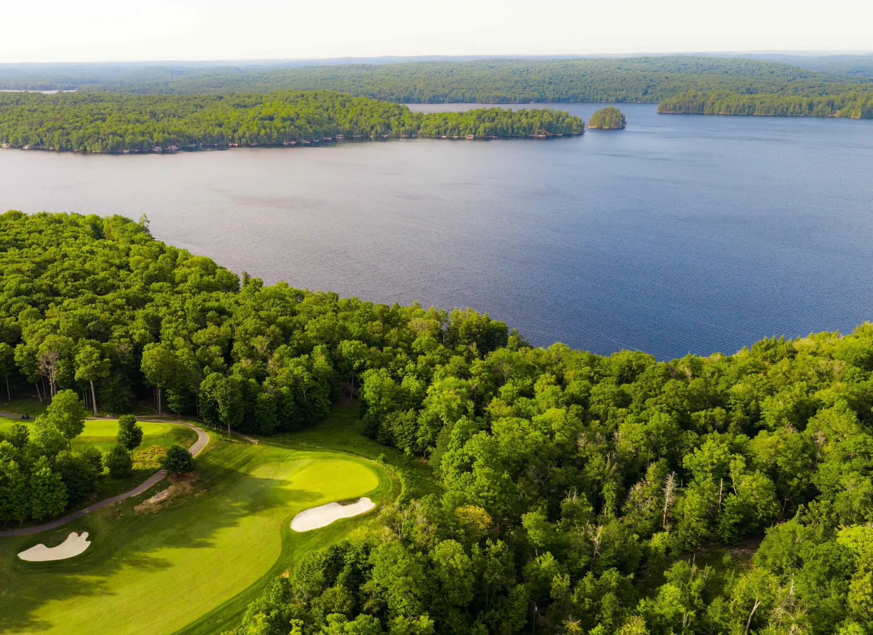 Aerial of a green and the forest running down to Lake of Bays