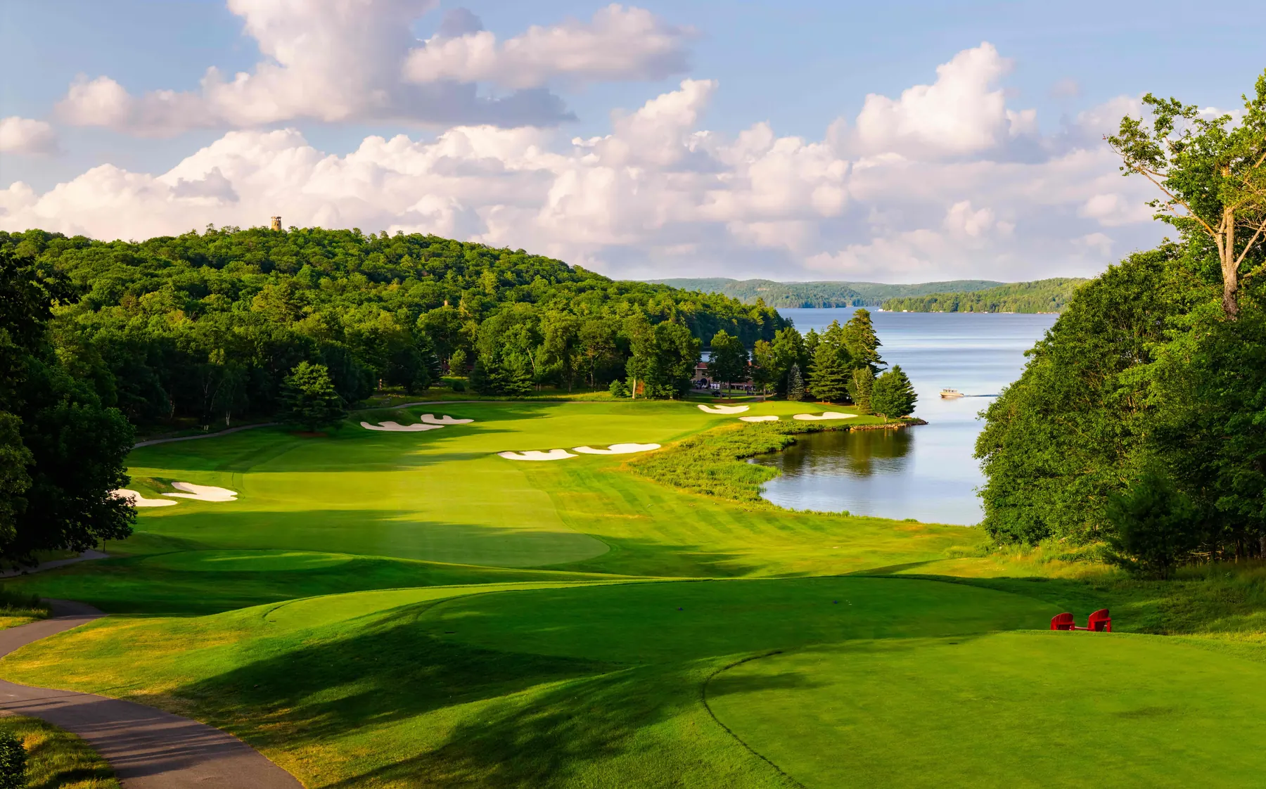 Tee view down the fairway to Lake of Bays at Bigwin Island