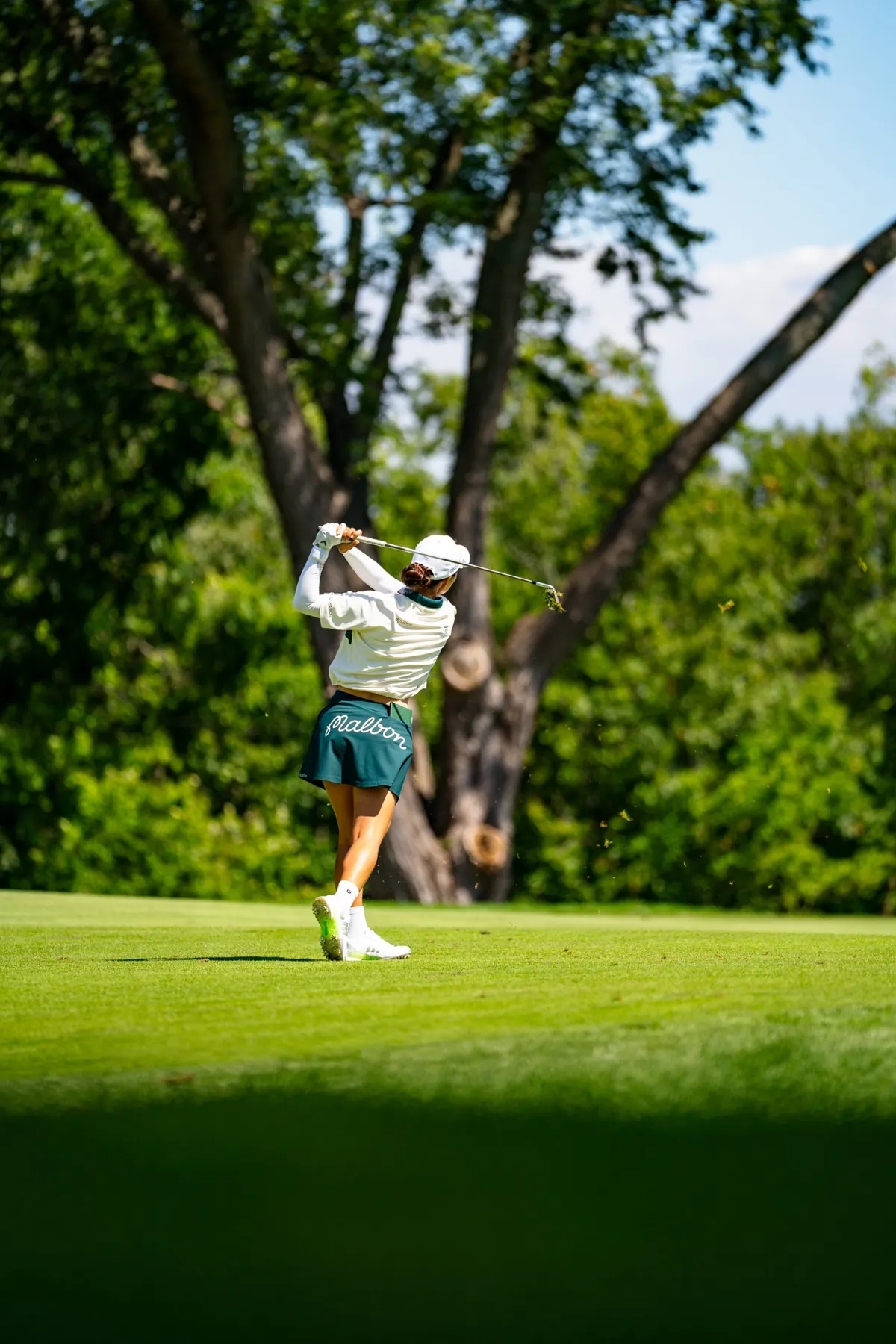 A player follows her iron shot from the fairway under a large tree