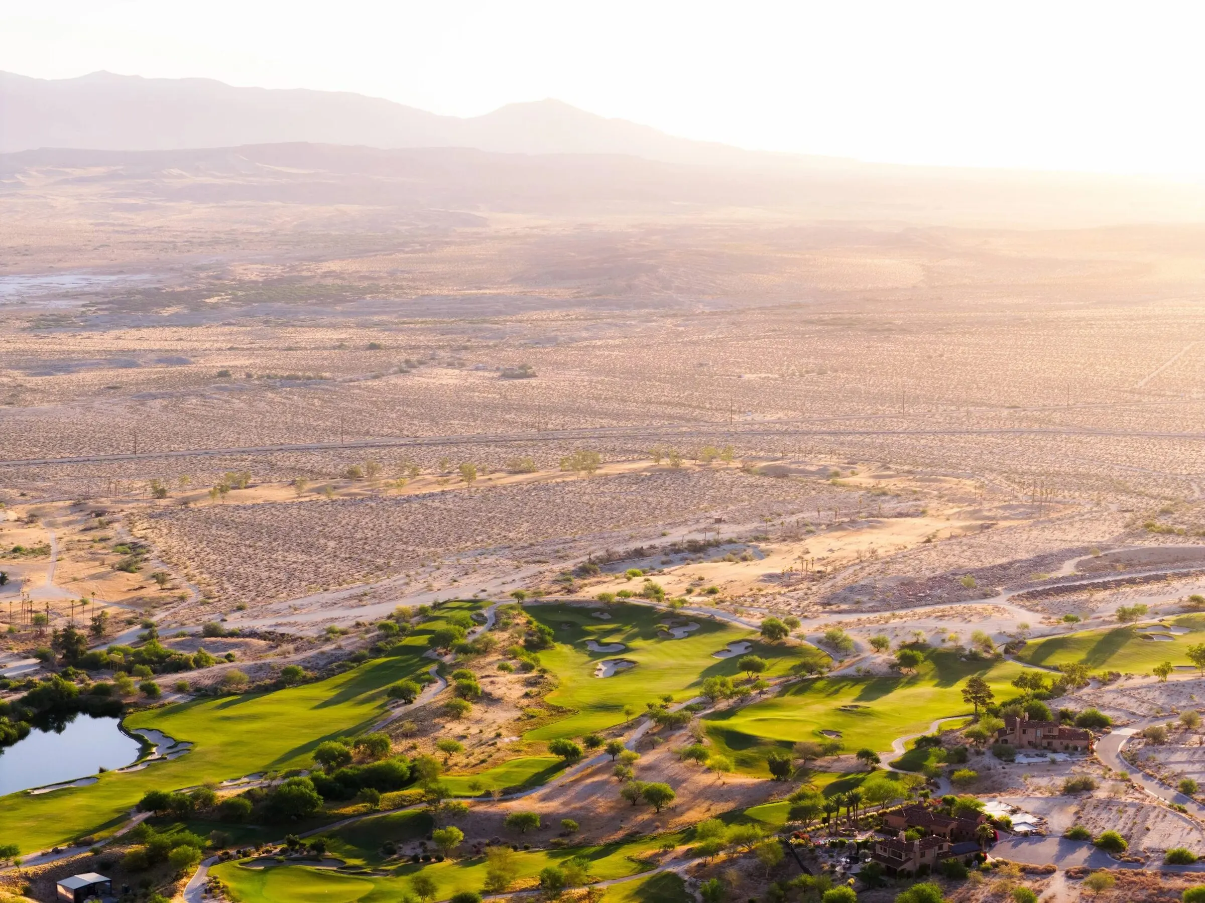 Rams Hill desert golf hole at golden hour
